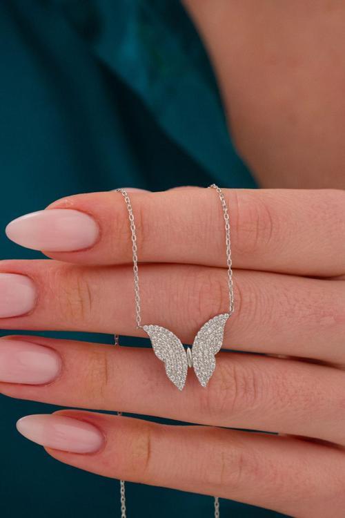 925 Ayar Gümüş Kelebek Taşlı Kolye