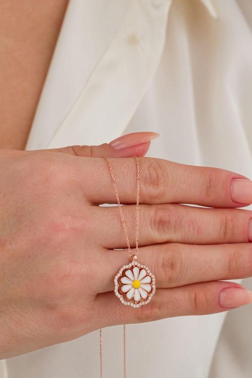925 Ayar Gümüş Hareketli Papatya Kolye Rose