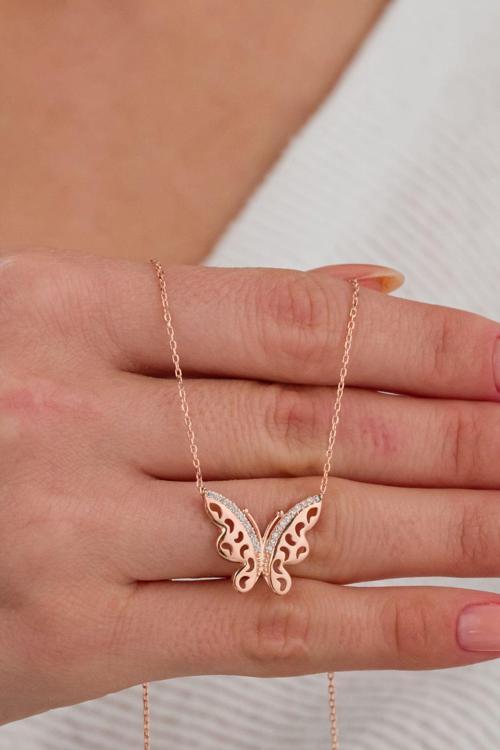 925 Ayar Gümüş Rose Kelebek Kolye