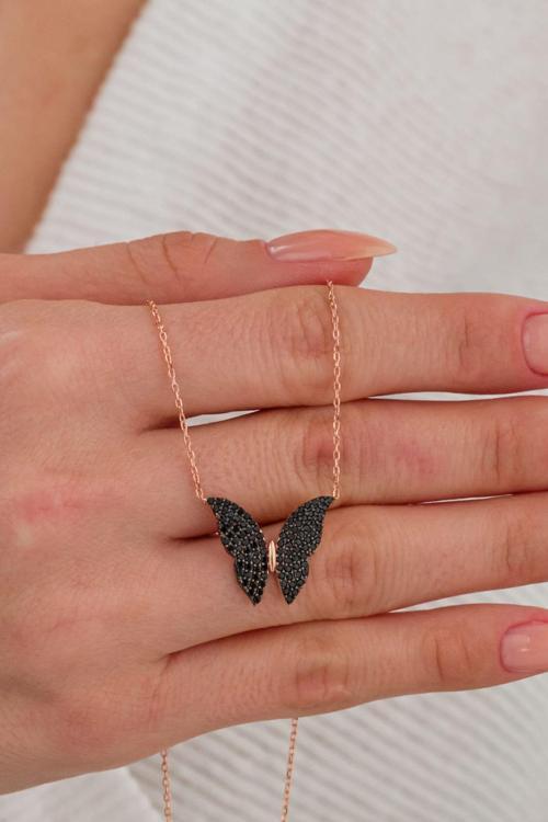 925 Ayar Gümüş Siyah Taşlı Rose Kelebek Kolye