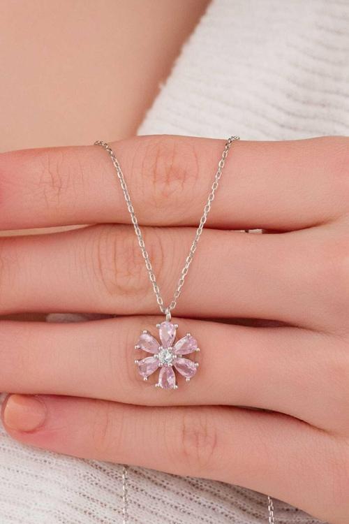925 Ayar Gümüş Pembe Taşlı Çiçek Kadın Kolye