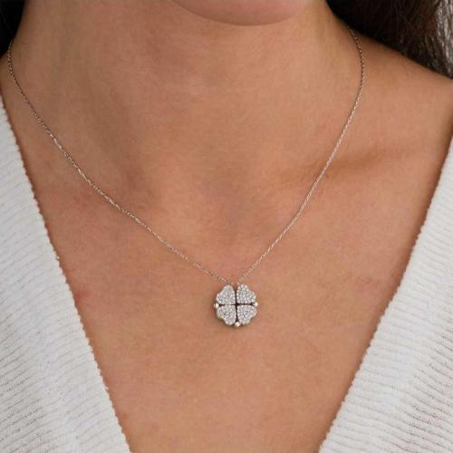 Mıknatıslı Açılabilir Kalpli Yonca 925 Ayar Gümüş Kadın Kolye