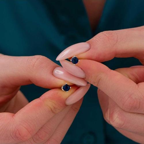 925 Ayar Gümüş Pırlanta Montür Lacivert Taşlı Tek Taş Küpe