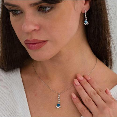 925 Ayar Gümü Mavi Aşk Işıltısı Kolye Küpe Set