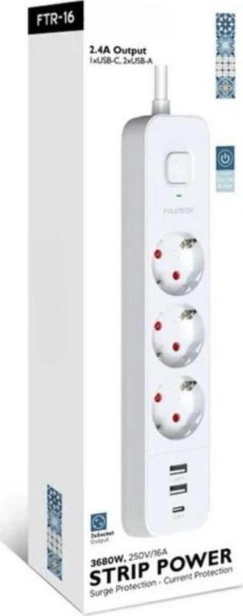 Akım Korumalı 2USB 1 Type-C  Girişli 2 Metre Uzatma Kablolu Akım Korumalı Priz
