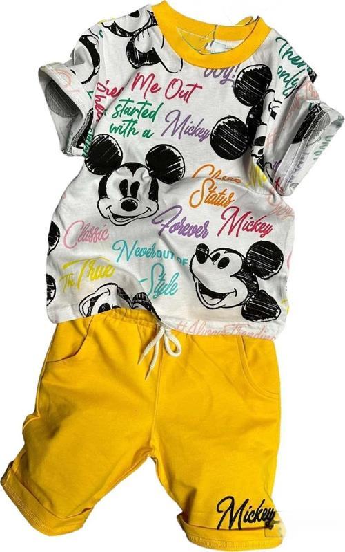 Erkek Çocuk Mickey Desen ve Rengarenk Yazı Baskılı Sarı Şortlu Takım