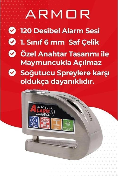 Armor Alarmlı Motorsiklet Disk Kilidi Çelik Gövde 606 Mva 6mm-İnox