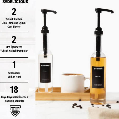 2’li Set | 250ml Pompalı Cam Şurup Şişesi- Kahve , 18 Çeşit Siyah Etiket + Silikon Huni Hediyeli