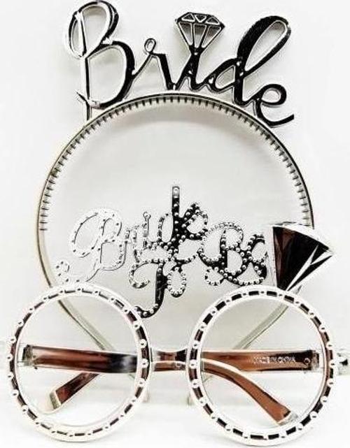 Bride Yazılı Taç ve Bride To Be Yazılı Gözlük Seti Gümüş Renk
