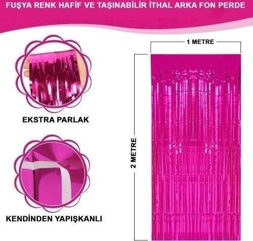 Ekstra Metalize Parlak Saçaklı Arka Fon Perde Fuşya