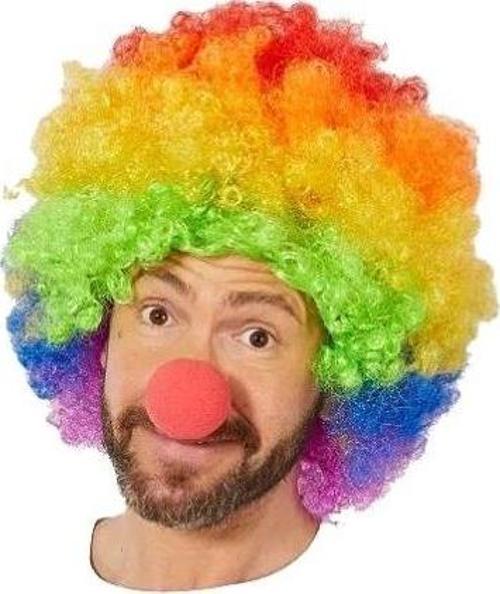 Gökkuşağı Afro Peruk ve Kırmızı Sünger Burun