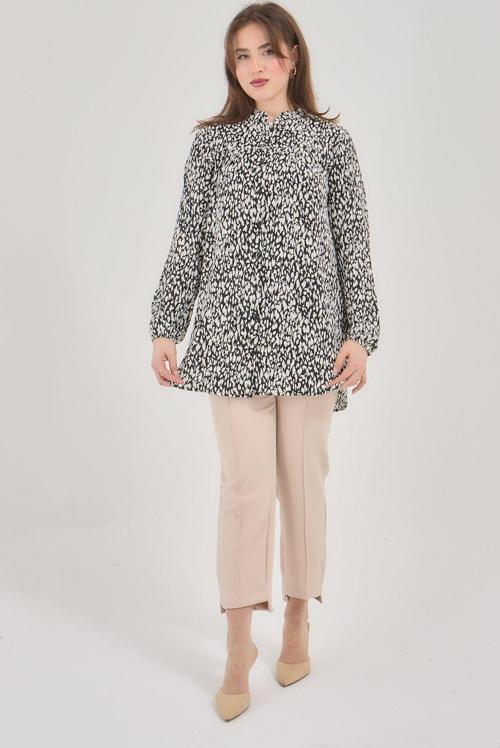 Kadın Büyük Beden Desenli Likralı Esnek Bürümcük Gömlek Bluz