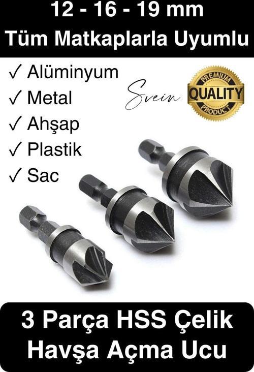 A Kalite 3 Parça Premium Havşa Açma Matkap Ucu Seti HSS Bits Uçlu Paslanmaz Çelik Kalın 12-16-19 mm