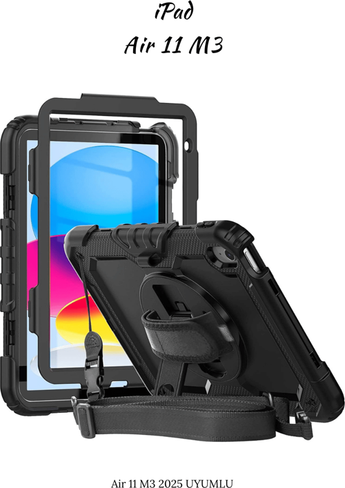 iPad Air 11 2025 M3 Çip Uyumlu Defender Askılı 360° Dönebilir Standlı Zırh Tablet Kılıfı