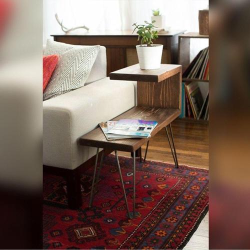 Doğal Ahşap Yan Koltuk Sehpası Metal Ayaklı