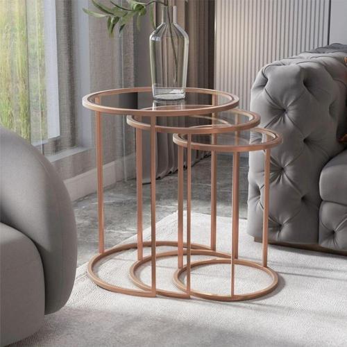 Yuvarlak Camlı Metal Üçlü Zigon Sehpa