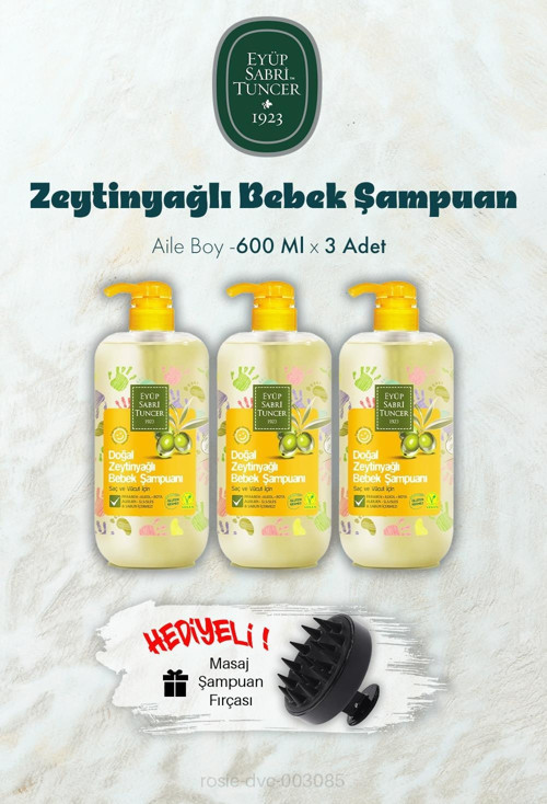 3 Adet Zeytinyağlı Bebek Şampuan 600 ML ve Şampuan Fırçası Hediyeli