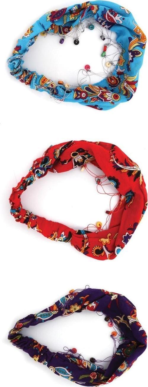 Boncuklu Paraşüt Bandana Lastikli 3'lü Set Kırmızı Mavi Mor