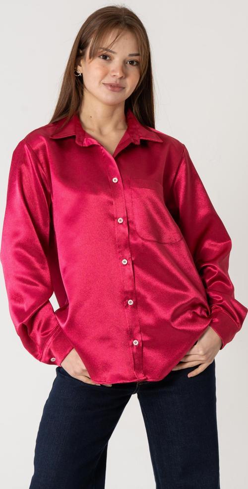 VerdeBlanco Cep Detaylı Saten Gömlek Fuşya