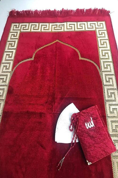 Desensiz,Düz Seccade Kırmızı,Kadife Yasin, Tesbih,Takke 70 x 110