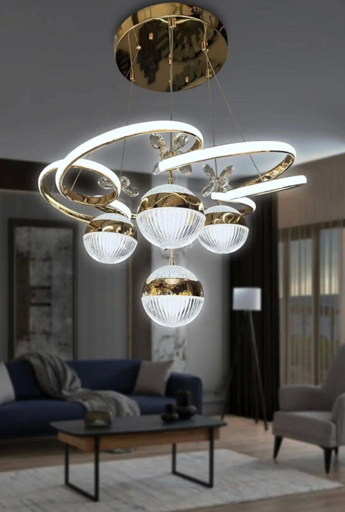 3 Renk Kumandalı Modern Sarkıt 4 Toplu Kelebekli Ledli Avize Gold