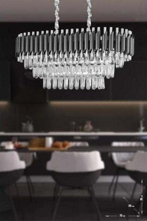 75x35 Cm'lik 3 Katlı Prizma Kesim Kristal Taşlı Lüks Avize 6'lı - (Siyah-Krom)