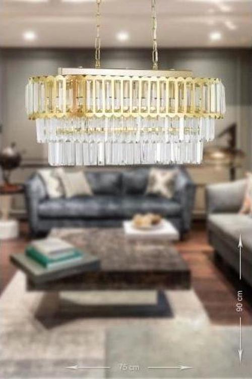 75x35 Cm'Lik Kristal Cam Taşlı Lüks Yemek Masası Üstü Avize - (Sarı Yaldız)