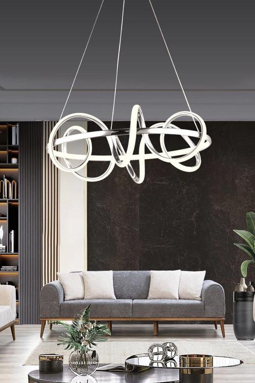 Modern Halkalı Kıvrımlı Üç Renkli Krom Sarkıt Led Avize