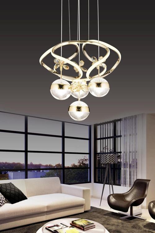 Modern Kıvrımlı Dört Toplu Üç Renkli Gold Sarkıt Led Avize