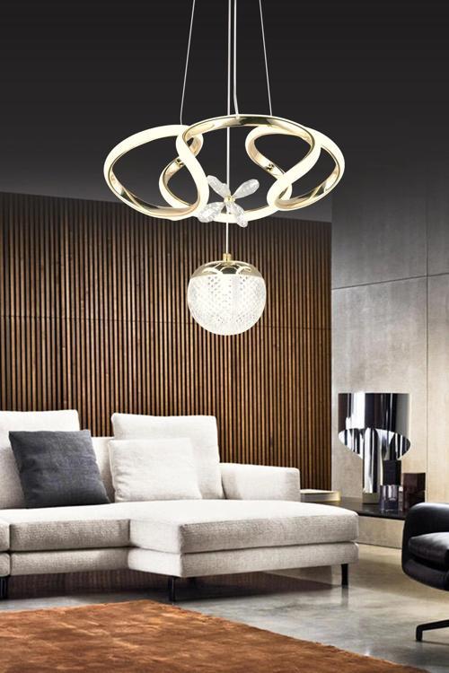 Modern Kıvrımlı Tek Toplu Üç Renkli Gold Sarkıt Taşlı Led Avize