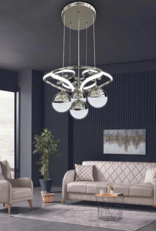 Hemera Modern Kumandalı Led Sarkıt Avize 3 Renk 4 Bölmeli Krom Kaplamalı Toplu Kelebek Taşlı