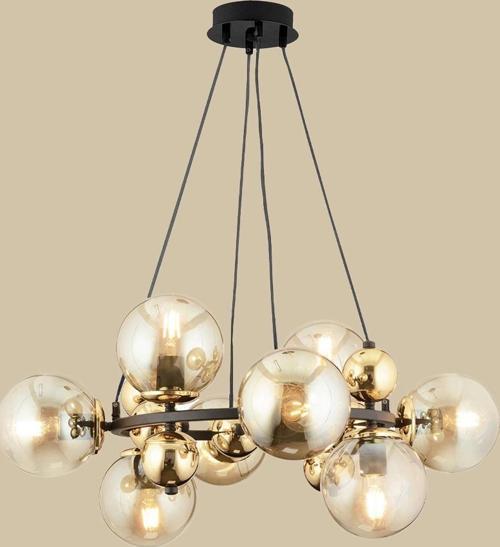 Sekizli Yuvarlak Camlı Avize Siyah-Gold (70x75 cm)