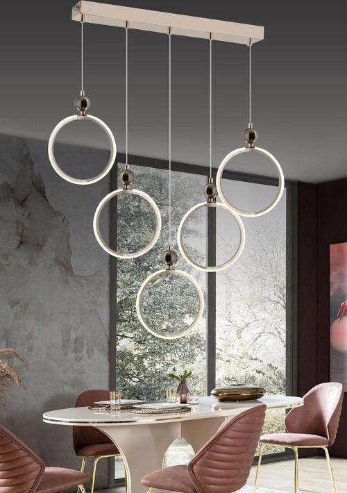 Modern Beşli Yuvarlak Üç Renkli Gold Yemek Odası Led Avize