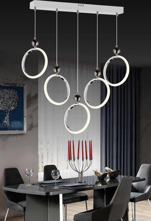 Modern Beşli Yuvarlak Üç Renkli Krom Yemek Odası Led Avize