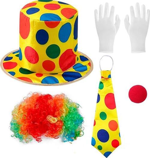 Renkli Palyaço Kostüm Seti – 5 Parça Aksesuar (Şapka, Peruk, Kravat, Eldiven, Burun) TdrTR