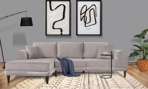 Nero Kadife Köşe Koltuk, Açık Gri, 250X160, Sol Köşe