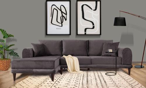 Nero Kadife Köşe Koltuk, Koyu Gri, 250X160, Sol Köşe