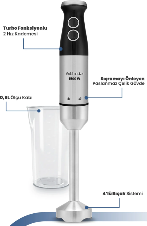 Fast Stick İnox 1500 Watt 4 Bıçaklı Paslanmaz Hazneli Çubuk El Blender Seti GM-7205