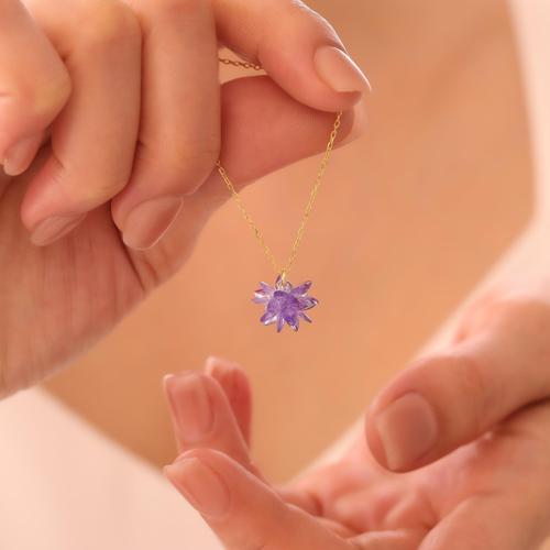 925 Ayar Gümüş Mor Kristal Taşlı Lotus Kolye