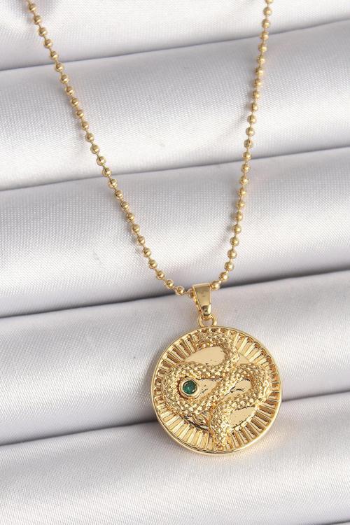 316L Çelik Gold Renk Topçuk Zincir Yılan İşlemeli Zirkon Taş Detaylı Madalyon Model Kadın Kolye - TJ