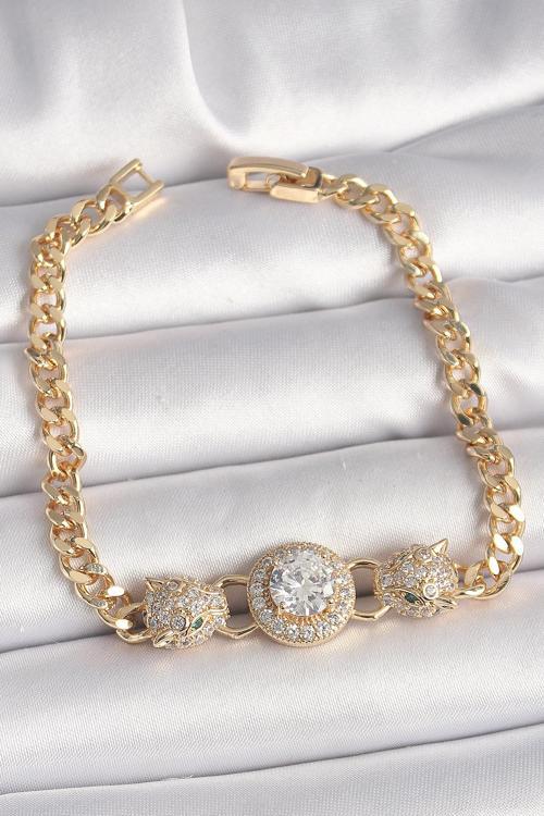 Pirinç Gold Renk Zirkon Taşlı Leopar Figür Zincir Model Kadın Bileklik - TJ-BB6828