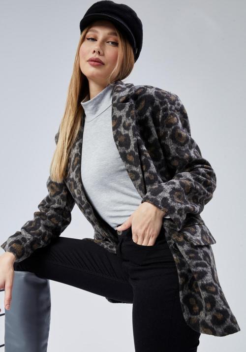 Kadın Leopar Desenli Kaşe Ceket