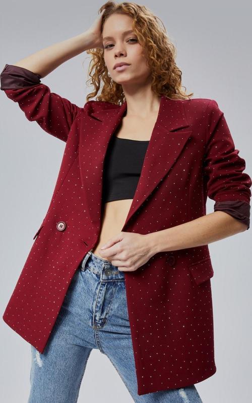 Kadın Regular Dokuma Astarlı Taş Detaylı Blazer Ceket 