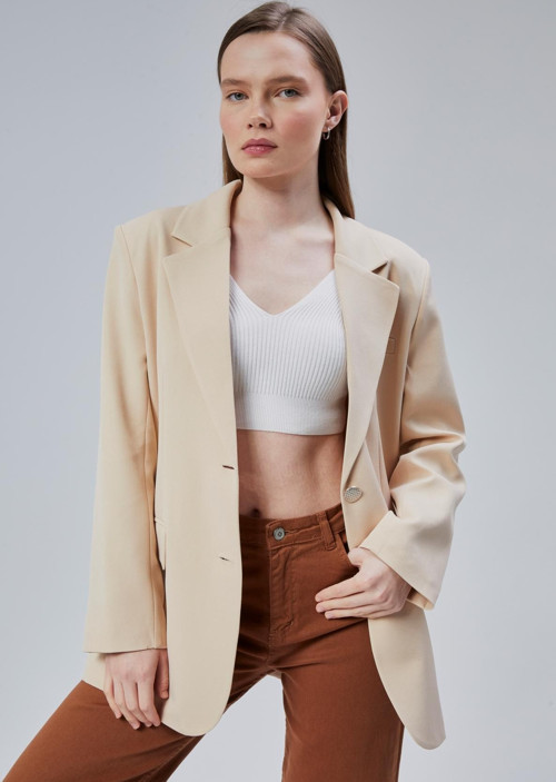 Kadın Oversize Düz Kesim Astarlı Dokuma Blazer Ceket