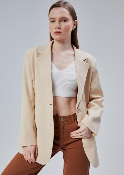Kadın Oversize Düz Kesim Astarlı Dokuma Blazer Ceket
