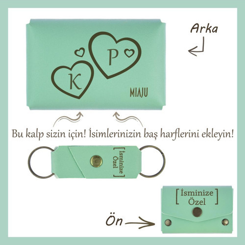 Açık Yeşil, İsim Ve Kalp İşlemeli Kişiye Özel Cüzdan Ve Anahtarlık Seti, Sevgiliye Romantik Hediye