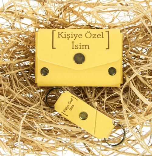 Sarı Renk İsme Özel Deri Cüzdan Ve Anahtarlık Takım, Yüksek Kalite Aksesuar