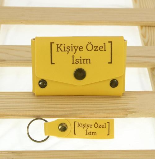 Sarı Renk İsme Özel Yüksek Kalite Bozuk Para Cüzdanı Ve Anahtarlık Seti, Kişisel Aksesuar