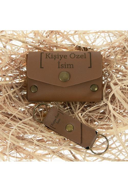Kahve Renk İsme Özel Deri Cüzdan Ve Anahtarlık Takım, Yüksek Kalite Aksesuar