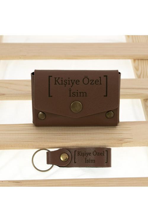 Kahve Renk İsme Özel Yüksek Kalite Bozuk Para Cüzdanı Ve Anahtarlık Seti, Kişisel Aksesuar
